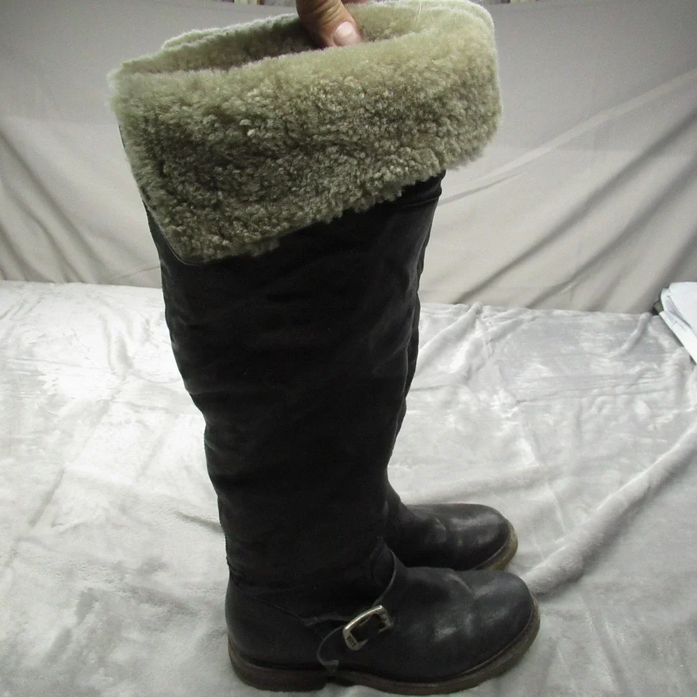 FRYE Women 6.5B Black Valerie Boots Knee Fold Over Shearling Fur Zip Buckle Pull